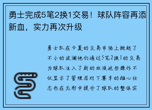 勇士完成5笔2换1交易！球队阵容再添新血，实力再次升级