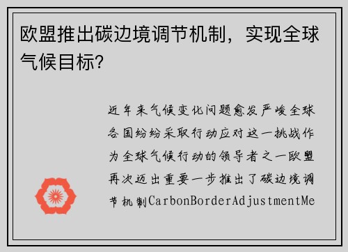 欧盟推出碳边境调节机制，实现全球气候目标？