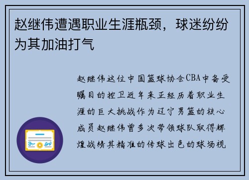 赵继伟遭遇职业生涯瓶颈，球迷纷纷为其加油打气