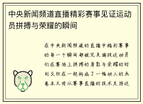 中央新闻频道直播精彩赛事见证运动员拼搏与荣耀的瞬间