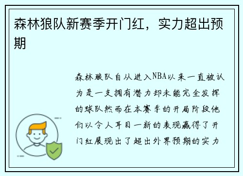 森林狼队新赛季开门红，实力超出预期